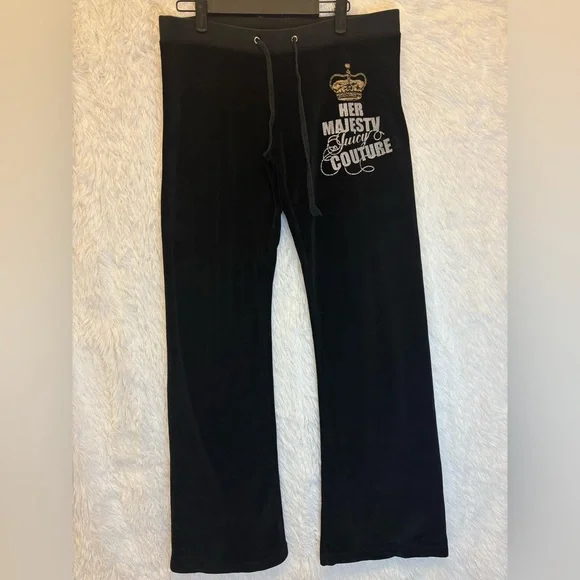 RARE Juicy Couture “Her Majesty” Crown Logo Velour Pants Black | Size XL 👑💖✨ - Picture 1 of 17